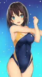 Rule 34 | 1girl, aqua background, armpits, black hair, black one-piece swimsuit, blue background, blue eyes, breasts, competition swimsuit, covered navel, cowboy shot, gradient background, hair between eyes, kureha (ironika), looking at viewer, medium breasts, one-piece swimsuit, original, solo, standing, stretching, swimsuit, tsubasa (kureha)