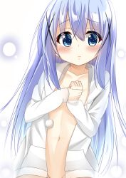Rule 34 | 1girl, blue eyes, blue hair, blush, bottomless, cacao (cacao0809), covering privates, covering breasts, flat chest, gochuumon wa usagi desu ka?, groin, hair ornament, hairclip, highres, kafuu chino, long hair, matching hair/eyes, navel, open clothes, open shirt, out-of-frame censoring, shirt, solo