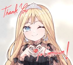 Rule 34 | 1girl, ;), absurdres, black dress, blonde hair, blue eyes, closed mouth, commentary, diamond earrings, dress, earrings, english commentary, english text, heart, heart hands, highres, hololive, hololive english, jewelry, kukie-nyan, long hair, looking at viewer, official alternate hair length, official alternate hairstyle, one eye closed, see-through, see-through sleeves, smile, solo, tiara, upper body, very long hair, virtual youtuber, watson amelia, watson amelia (3rd costume)