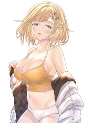 Rule 34 | 1girl, absurdres, bad id, bad twitter id, blonde hair, blue eyes, breasts, cleavage, coat, collarbone, commentary, gem, hair ornament, highres, hololive, hololive english, honkivampy, large breasts, looking at viewer, navel, no mole, open mouth, orange tank top, panties, removing coat, short hair, simple background, solo, standing, stomach, symbol-only commentary, tank top, underwear, virtual youtuber, watson amelia, white background, white coat, white panties