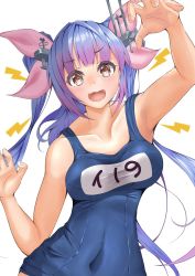 Rule 34 | 1girl, blue hair, blue one-piece swimsuit, breasts, covered navel, cowboy shot, flower-shaped pupils, hair ribbon, headgear, highres, i-19 (kancolle), kantai collection, kikuchi-shoogo, long hair, medium breasts, name tag, old school swimsuit, one-piece swimsuit, open mouth, red eyes, ribbon, school swimsuit, smile, solo, swimsuit, symbol-shaped pupils, tri tails, white background