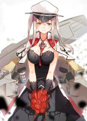 Rule 34 | 10s, 1girl, alternate costume, anchor, black dress, black gloves, blonde hair, blue eyes, blush, bouquet, breasts, capelet, collar, dress, flower, gloves, graf zeppelin (kancolle), hair between eyes, hat, highres, kantai collection, large breasts, long hair, looking at viewer, machinery, meth (emethmeth), peaked cap, revision, sleeveless, sleeveless dress, smile, solo, twintails, wedding dress