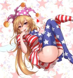 Rule 34 | 1girl, absurdres, aged up, alternate breast size, alternate legwear, amagi (amagi626), american flag dress, american flag legwear, ass, blonde hair, breasts, clownpiece, come hither, dress, fairy wings, hat, heart, highres, jester cap, large breasts, long hair, looking at viewer, naughty face, no panties, polka dot, purple eyes, short dress, short sleeves, sketch, smile, solo, star (symbol), star print, striped, thighhighs, tongue, tongue out, touhou, wings