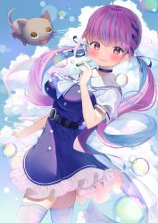 Rule 34 | 1girl, absurdres, ahoge, blue choker, blue dress, blue hair, blue nails, blue ribbon, blue sky, blush, bow, breasts, bubble, blowing bubbles, bubble pipe, choker, cloud, colored inner hair, dress, frilled dress, frills, hair bow, hair ribbon, hand up, highres, holding, hololive, large breasts, long hair, looking at viewer, maid, minato aqua, multicolored hair, nail polish, neko (minato aqua), open mouth, pink eyes, pink hair, ribbon, shokorate, sky, smile, solo, streaked hair, thighhighs, twintails, two-tone hair, virtual youtuber, white thighhighs