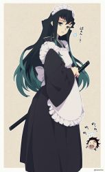 Rule 34 | annoyed, apron, aqua eyes, aqua hair, back bow, black hair, black kimono, bow, chibi, chibi inset, dalc rose, feet out of frame, flying sweatdrops, frilled apron, frills, from side, japanese clothes, katana, kimetsu no yaiba, kimono, long hair, long sleeves, looking at viewer, looking to the side, maid, maid apron, maid headdress, male focus, multicolored hair, outside border, sidelocks, sigh, simple background, solo focus, sword, tokitou muichirou, twitter username, two-tone hair, very long hair, wa maid, weapon, white apron, wide sleeves