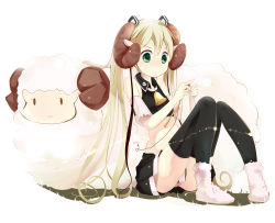 Rule 34 | 1girl, animal ears, bare shoulders, bell, blonde hair, detached sleeves, green eyes, green hair, hatsune miku, horns, knitting, knitting needle, long hair, matching hair/eyes, midriff, needle, sheep, sheep ears, sheep horns, sitting, skirt, solo, taicho128, thighhighs, twintails, very long hair, vocaloid
