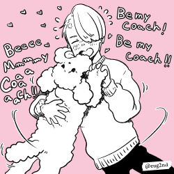 Rule 34 | 10s, 1boy, dancing, dog, english text, eugenio2nd, closed eyes, hair over one eye, heart, makkachin, male focus, monochrome, open mouth, pink background, smile, tongue, tongue out, viktor nikiforov, yuri!!! on ice