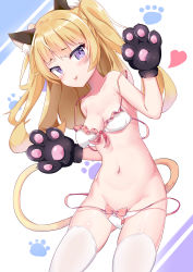 Rule 34 | 1girl, :p, absurdres, animal ear fluff, animal ears, animal hands, azur lane, bache (azur lane), bad id, bad pixiv id, bare arms, bare shoulders, blonde hair, blush, bow, bow panties, bra, breasts, cat ears, cat tail, closed mouth, collarbone, cowboy shot, gloves, groin, heart, highres, ks all, long hair, looking at viewer, navel, panties, paw gloves, paw print, paw print background, purple eyes, short eyebrows, skindentation, small breasts, smile, solo, standing, stomach, strap slip, tail, thighhighs, tongue, tongue out, two side up, underwear, underwear only, white bra, white panties, white thighhighs