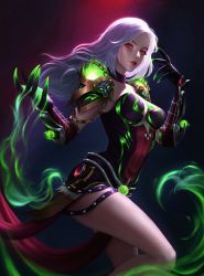 Rule 34 | 1girl, absurdres, alisa nilsen, black choker, black gloves, bracer, breasts, choker, claws, closed mouth, commentary, fire, from side, gloves, green fire, grey hair, hands up, highres, leotard, lipstick, long hair, looking at viewer, lumen (warcraft), makeup, medium breasts, pelvic curtain, red eyes, red lips, solo, standing, waist cape, warcraft, world of warcraft