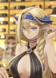 Rule 34 | 1girl, absurdres, alternate costume, arknights, bare arms, bare shoulders, black choker, blonde hair, blue eyes, blue hairband, braid, breasts, brooch, champagne flute, choker, commentary, criss-cross halter, cup, drinking glass, earrings, hair intakes, hairband, halterneck, highres, holding, holding cup, horns, jewelry, large breasts, long hair, looking at viewer, mildt, pointy ears, saileach (arknights), single braid, smile, solo, upper body, very long hair