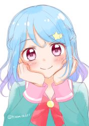 Rule 34 | 1girl, aikatsu! (series), aqua hair, aqua shirt, arms up, blush, bow, bowtie, braid, character request, closed mouth, commentary request, hair ornament, hand on own cheek, hand on own face, long hair, long sleeves, looking at viewer, pink sailor collar, portrait, red bow, red eyes, sailor collar, sanpaku, shirt, sidelocks, simple background, smile, solo, star (symbol), star hair ornament, tareme, tiramisu651, twitter username, upper body, white background