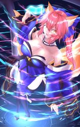 Rule 34 | 1girl, animal ear fluff, animal ears, bare shoulders, black legwear, blue kimono, blue ribbon, breasts, cleavage, collarbone, detached sleeves, fate/extella, fate/extra, fate/extra ccc, fate/grand order, fate (series), fox ears, fox girl, fox tail, glowing, glowing eyes, hair ribbon, japanese clothes, kimono, large breasts, looking at viewer, open mouth, pink hair, ribbon, solo, tail, tamamo (fate), tamamo no mae (fate/extra), yellow eyes
