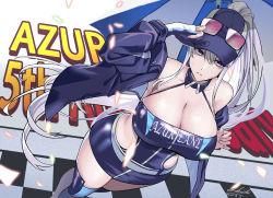 Rule 34 | 1girl, absurdres, anniversary, azur lane, baseball cap, breasts, checkered floor, cleavage, coat, coat on shoulders, collarbone, elbow gloves, english text, enterprise (azur lane), enterprise (wind catcher) (azur lane), eyewear on head, gloves, hat, highres, hip vent, holding, holding umbrella, large breasts, long hair, parasol, ponytail, purple eyes, race queen, revealing clothes, shaded face, shiki (love-saber), signature, solo, sunglasses, thighhighs, umbrella, white hair