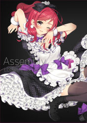 Rule 34 | 10s, 1girl, apron, black dress, black thighhighs, blush, boots, commentary request, dress, earrings, frilled apron, frilled dress, frills, hair ribbon, jewelry, long hair, looking at viewer, love live!, love live! school idol festival, love live! school idol project, nishikino maki, one eye closed, open mouth, ponytail, purple eyes, red hair, ribbon, simple background, smile, solo, thighhighs, yana mori