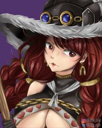 Rule 34 | 1girl, breasts, earrings, fairy tail, hat, highres, irene belserion, jewelry, large breasts, lipstick, long hair, makeup, quad braids, red eyes, red hair, revealing clothes, solo, staff, underboob