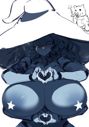 Rule 34 | blush, breasts, censored nipples, elden ring, hat, heart, heart hands, highres, huge breasts, nuezou, ranni the witch, witch hat