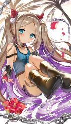 1girl, asymmetrical gloves, bangs, bare shoulders, black gloves, blonde hair, blue eyes, blue shirt, blush, boots, brown footwear, chains, closed mouth, commission, crop top, cutoffs, eyebrows visible through hair, eyes visible through hair, fingerless gloves, flower, food, food themed hair ornament, fruit, fuupu, gloves, hair ornament, hand on own knee, hibiscus, highres, long hair, naegling, palm tree, parted bangs, petals, phantom of the kill, purple shorts, red flower, shirt, shorts, single fingerless glove, sitting, smile, solo, strawberry, strawberry hair ornament, tank top, thigh strap, tree, twintails, twitter username, very long hair, whipped cream