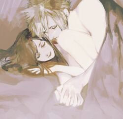Rule 34 | 1boy, 1girl, blonde hair, brown hair, closed eyes, closed mouth, cloud strife, couple, final fantasy, final fantasy vii, hetero, holding hands, hug, hug from behind, long hair, looking at another, lying, nude, on side, sleeping, smile, spiked hair, tifa lockhart, tori (labyrinth fft), under covers