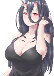 Rule 34 | 1girl, abyssal ship, bad anatomy, bad perspective, battleship princess, black dress, black hair, black tank top, blush, breasts, cleavage, collarbone, dress, hair between eyes, hand in own hair, highres, horns, kantai collection, large breasts, long hair, looking at viewer, mole, mole under eye, parted lips, red eyes, simple background, skin-covered horns, smile, solo, takomeshi, tank top, upper body, white background