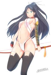 Rule 34 | 10s, 1girl, adapted costume, asymmetrical sleeves, black hair, black thighhighs, blue eyes, blush, bow (weapon), breasts, choker, eyebrows, fingerless gloves, gloves, groin, hair ribbon, highleg, highleg panties, highres, holding, holding weapon, kantai collection, katsuragi (kancolle), long hair, looking at viewer, navel, osterei, panties, ponytail, red panties, ribbon, sideboob, simple background, single glove, solo, stomach, tassel, thighhighs, twitter username, underwear, uneven sleeves, very long hair, weapon, white background, white ribbon