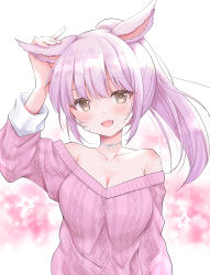 Rule 34 | 1girl, absurdres, animal ears, breasts, brown eyes, cat ears, cleavage, eyebrows hidden by hair, fang, final fantasy, final fantasy xiv, hand on own ear, highres, large breasts, light blush, looking at viewer, miqo&#039;te, pink hair, pink sweater, ponytail, simple background, solo, sweater, upper body, warrior of light (ff14), yuuki mia