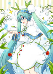 Rule 34 | 1girl, animal, aqua eyes, aqua hair, blush, capelet, cherry, commentary, dress, feet out of frame, flower, food, from side, fruit, fur-trimmed capelet, fur trim, gold trim, gradient hair, hair flower, hair ornament, hatsune miku, headband, highres, holding, holding animal, long hair, looking at animal, multicolored hair, petals, smile, snow rabbit, snowbell (flower), snowflake print, snowflakes, solo, sudachi (calendar), twintails, very long hair, vocaloid, wide sleeves, yuki miku