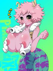 Rule 34 | 1girl, aqua background, artist name, ashido mina, bare arms, bare shoulders, black sclera, blush, bodysuit, boku no hero academia, grabbing another&#039;s breast, breasts, breasts out, collarbone, colored sclera, colored skin, cowboy shot, fur trim, gloves, grabbing, gradient background, green background, highres, horns, huge breasts, lips, messy hair, nipples, pink hair, pink skin, pixaltrix, short hair, thick lips, two-tone background, white gloves, yellow eyes