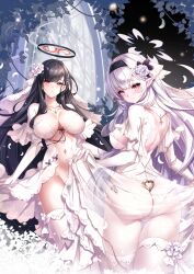 Rule 34 | 2girls, aata1007, ass, back, bare shoulders, black hair, blue archive, blush, breasts, bride, butt crack, cleavage, dress, flower, hair flower, hair ornament, hairband, hairclip, halo, highres, himari (blue archive), large breasts, long hair, looking at viewer, looking back, medium breasts, mole, mole under eye, multiple girls, pointy ears, purple eyes, red eyes, rio (blue archive), sidelocks, smile, very long hair, white dress, white hair