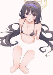 Rule 34 | 1girl, absurdres, airenif, bikini, black bikini, black hair, blue archive, blush, breasts, collarbone, feet out of frame, hairband, halo, highres, jewelry, long hair, looking at viewer, navel, official alternate costume, open mouth, pendant, purple eyes, purple hairband, simple background, small breasts, solo, swimsuit, ui (blue archive), ui (swimsuit) (blue archive), white background, yellow halo