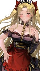 Rule 34 | 1girl, absurdres, apron, bare shoulders, between breasts, black dress, blonde hair, blush, breasts, detached collar, dress, earrings, ereshkigal (fate), fate/grand order, fate (series), highres, hoop earrings, infinity symbol, jewelry, large breasts, long hair, looking at viewer, one eye closed, parted bangs, red apron, red eyes, skull, solo, spine, tiara, two side up, very long hair, waist apron, xretakex