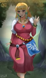 Rule 34 | 1girl, 2022, absurdres, artist name, blonde hair, blue eyes, blunt bangs, blush, bracelet, breasts, cleavage, commentary, curvy, dress, english commentary, grass, groin, hair ribbon, highres, jewelry, large breasts, long hair, long sleeves, looking at viewer, nintendo, no legwear, open mouth, pink dress, pointy ears, pov, princess zelda, ribbon, shadow, skd, sky, smile, solo, standing, teeth, the legend of zelda, the legend of zelda: skyward sword, thick thighs, thighs, tree, tress ribbon, waving, wide hips