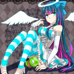Rule 34 | 10s, 1girl, angel, blue eyes, blue hair, breasts, chuck (psg), cleavage, colored inner hair, dress, halo, long hair, multicolored hair, nokon, panty &amp; stocking with garterbelt, solo, stocking (psg), striped clothes, striped thighhighs, thighhighs, wings