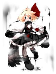 Rule 34 | 1girl, absurdres, alternate costume, black eyes, blonde hair, darkness, grin, highres, hijiri (xxhizirixx), mittens, rumia, scarf, short hair, smile, striped clothes, striped thighhighs, thighhighs, touhou, vertical-striped clothes, vertical-striped thighhighs