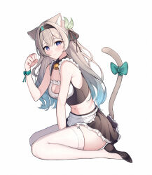 Rule 34 | 1girl, animal ears, apron, bell, black footwear, black hairband, black ribbon, black skirt, blue hair, breasts, cat ears, cat tail, cleavage, commentary, crop top, english commentary, firefly (honkai: star rail), garter straps, gradient hair, grey hair, hair ribbon, hairband, hand up, high heels, highres, honkai: star rail, honkai (series), jingle bell, kemonomimi mode, long hair, looking at viewer, midriff, miniskirt, multicolored hair, navel, purple eyes, qoray7, ribbon, sitting, skirt, sleeveless, small breasts, solo, stomach, tail, thighhighs, very long hair, waist apron, wariza, white apron, white thighhighs