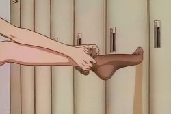 Rule 34 | 1990s (style), 1girl, animated, animated gif, anime screenshot, breasts, changing, corset, dressing, feet, garter straps, golden boy, grey panties, leg up, legs, lingerie, locker, locker room, long hair, panties, retro artstyle, screencap, shain a, solo, thighhighs, thighhighs pull, thighs, underwear