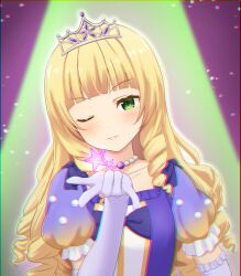 Rule 34 | 1girl, absurdres, bead necklace, beads, blonde hair, blunt bangs, chromatic aberration, commentary request, dress, drill hair, elbow gloves, facing viewer, gloves, green background, green eyes, hand on own hip, head tilt, heanna sumire, highres, jewelry, light blush, long hair, love live!, love live! superstar!!, necklace, nonfiction!! (love live!), one eye closed, parted lips, puffy short sleeves, puffy sleeves, purple background, purple dress, purple gloves, short sleeves, smile, solo, spotlight, tiara, upper body, yutuki ame