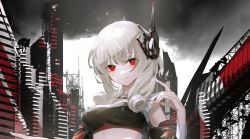 Rule 34 | 1girl, absurdres, alternate costume, azur lane, breasts, building, city, closed mouth, cloud, cloudy sky, crop top, drill hair, drill sidelocks, hand up, headgear, highres, ka11 ca, limited palette, long hair, long sleeves, luetzow (azur lane), medium breasts, red eyes, sidelocks, sky, smile, solo, standing, upper body, white hair