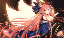 Rule 34 | 1girl, alternate hair length, alternate hairstyle, animal ear fluff, animal ears, bare shoulders, bell, blue bow, blue kimono, blush, bow, breasts, brown eyes, cleavage, commentary request, fate/extra, fate (series), fox ears, fox girl, fox tail, glowing, hair between eyes, hair bow, hair ornament, hand up, japanese clothes, kimono, kitsune, large breasts, lokyin house, long hair, long sleeves, off shoulder, official alternate costume, parted lips, pink hair, print kimono, solo, tail, tamamo (fate), tamamo no mae (fate/extra), tamamo no mae (third ascension) (fate), very long hair, wide sleeves