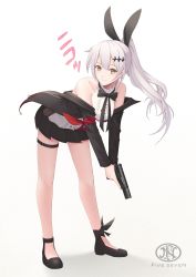 Rule 34 | 1girl, absurdres, animal ears, bare legs, bent over, black bow, black bowtie, black footwear, black jacket, black skirt, bow, bowtie, closed mouth, commission, dress shirt, fake animal ears, five-seven (girls&#039; frontline), floating hair, fn five-seven, full body, girls&#039; frontline, gun, hair between eyes, hair ornament, handgun, high ponytail, highres, holding, holding gun, holding weapon, jacket, long hair, long sleeves, looking at viewer, miniskirt, open clothes, open jacket, pdw-caliber pistol, pleated skirt, rabbit ears, shirt, silver hair, simple background, skirt, sleeveless, sleeveless shirt, smile, solo, standing, sthreep, thigh strap, very long hair, weapon, white background, white shirt, yellow eyes
