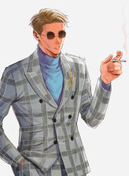 Rule 34 | 1boy, blonde hair, blue eyes, blue sweater, cigarette, cowboy shot, formal, hand in pocket, highres, holding, holding cigarette, jacket, jujutsu kaisen, lips, long sleeves, looking at viewer, male focus, nanami kento, pants, parted lips, plaid, plaid jacket, plaid pants, short hair, solo, standing, suit, sunglasses, sweater, yuu (1969loy)