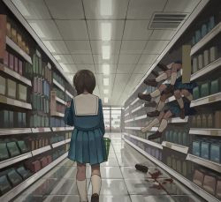 Rule 34 | 6+girls, bad id, bad pixiv id, blood, blue skirt, clone, from behind, indoors, loafers, multiple girls, original, pleated skirt, school uniform, shoes, single shoe, skirt, socks, supermarket, tensen (dotted line), what