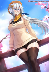 Rule 34 | 1girl, absurdres, bare shoulders, blue eyes, brave frontier, cherry blossoms, highres, looking at viewer, scarf, sefia, shorts, sweater, thighhighs, thighs, vilde loh hocen, white hair
