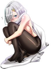 Rule 34 | 10s, 1girl, black pantyhose, blue eyes, blush, breasts, clenched teeth, dutch angle, flying sweatdrops, frown, full body, hair ornament, hair over one eye, hairclip, hamakaze (kancolle), hugging own legs, kantai collection, knees to chest, knees up, large breasts, looking at viewer, no shoes, nose blush, pantyhose, perepere-kun, scarf, short hair, silver hair, sitting, solo, sweatdrop, teeth, topless, white scarf