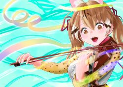 Rule 34 | 1girl, aburaeoyaji, animal ears, belt, bow (music), brown eyes, brown hair, cat ears, cat girl, extra ears, holding, holding instrument, instrument, kemono friends, kemono friends v project, large-spotted genet (kemono friends), long hair, open mouth, ribbon, shirt, simple background, skirt, solo, twintails, violin, virtual youtuber