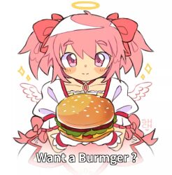 Rule 34 | 1girl, blush, bow, burger, closed mouth, collarbone, commentary, dress, english commentary, english text, feathered wings, food, giving food, hair bow, holding, holding food, kaname madoka, looking at viewer, magical girl, mahou shoujo madoka magica, mahou shoujo madoka magica (anime), meme, pink bow, pink eyes, pink hair, sharpycharot, short hair, short sleeves, short twintails, simple background, smile, solo, twintails, white background, wings