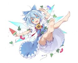 Rule 34 | 1girl, :d, barefoot, bloomers, blue bow, blue dress, blue eyes, blue flower, blue hair, bow, cirno, dress, flower, food, frilled dress, frilled sleeves, frills, full body, hair bow, hidden star in four seasons, highres, ice, ice wings, leaf, looking at viewer, morning glory, open mouth, popsicle, puffy short sleeves, puffy sleeves, red flower, red ribbon, ribbon, short hair, short sleeves, smile, solo, sunflower, tanned cirno, touhou, toutenkou, underwear, watermelon bar, white bloomers, wings