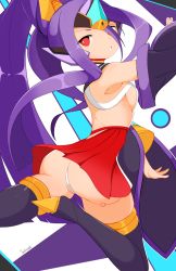 Rule 34 | 1girl, arc system works, ass, bare shoulders, blazblue, breasts, detached sleeves, from behind, hades izanami, headgear, highres, jellcaps, kicking, long hair, looking at viewer, open mouth, ponytail, purple hair, red eyes, red skirt, sideboob, skirt, small breasts, solo, thighhighs, very long hair