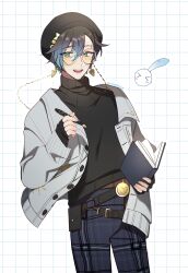 Rule 34 | 1boy, absurdres, belt, beret, black hat, black sweater, blue hair, blue pants, blush, book, brown hair, commentary, earrings, eyebrow piercing, glasses, green eyes, grey jacket, hat, highres, holding, holding book, holding pencil, ike eveland, ike eveland (2nd costume), jacket, jewelry, male focus, multicolored eyes, multicolored hair, nijisanji, nijisanji en, nrnmarie, open clothes, open jacket, open mouth, pants, pencil, piercing, quildren (ike eveland), round eyewear, smile, solo, sweater, symbol-only commentary, turtleneck, turtleneck sweater, virtual youtuber, yellow eyes