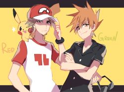 Rule 34 | 2boys, baseball cap, blue oak, bracelet, brown eyes, brown hair, buttons, character name, closed mouth, collared shirt, commentary request, creatures (company), crossed arms, game freak, gen 1 pokemon, hand on headwear, hat, holding, holding removed eyewear, huan li, jewelry, male focus, multiple boys, nintendo, pikachu, pokemon, pokemon (creature), pokemon on back, pokemon sm, red (pokemon), red headwear, shirt, short hair, short sleeves, smile, spiked hair, sunglasses, t-shirt, unworn eyewear, yellow background