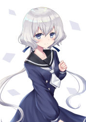 Rule 34 | 10s, 1girl, bad id, bad pixiv id, black sailor collar, blue dress, blue eyes, blush, closed mouth, collarbone, commentary request, dress, hair between eyes, hand up, highres, konno junko, long hair, long sleeves, low twintails, neckerchief, puffy long sleeves, puffy sleeves, sailor collar, sailor dress, seungju lee, short eyebrows, silver hair, smile, solo, thick eyebrows, twintails, very long hair, white background, white neckerchief, zombie land saga